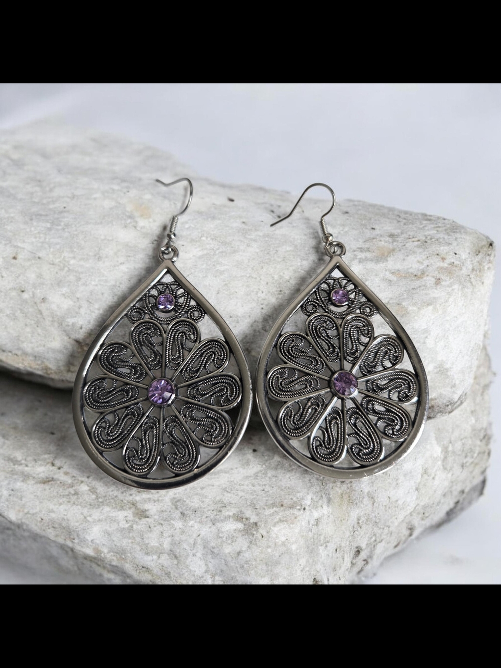 Silver Teardrop Filigree Earrings with Purple Stones - Women Jewelry